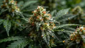 Cannabis bud close-up with resin droplets, trichomes, and curled orange pistils.