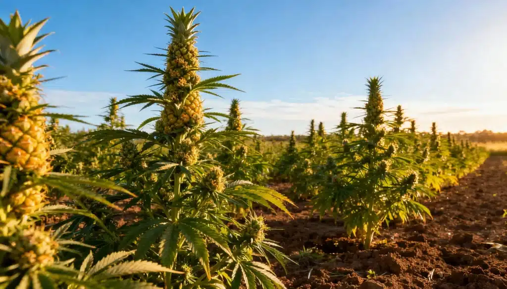 Outdoor cannabis farm with budding plants growing in rows under natural sunlight.