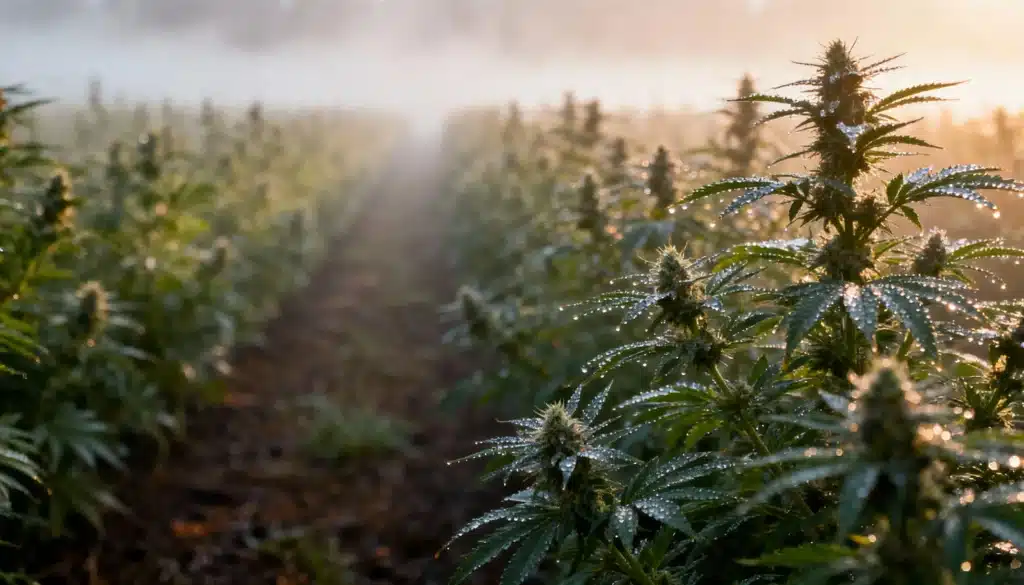 Outdoor cannabis field at sunrise with morning dew on leaves and flowering tops.