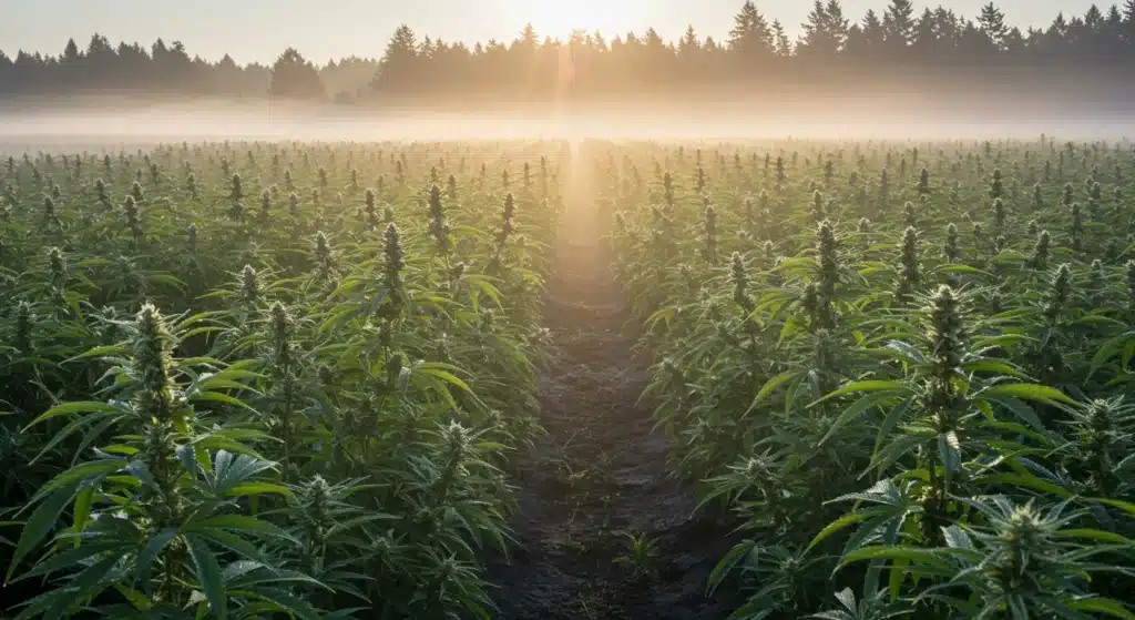Outdoor cannabis field at sunrise with rows of flowering plants under soft morning light.