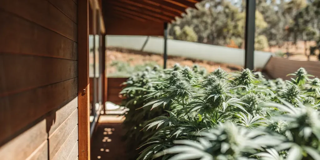outdoor cannabis garden beside wooden greenhouse