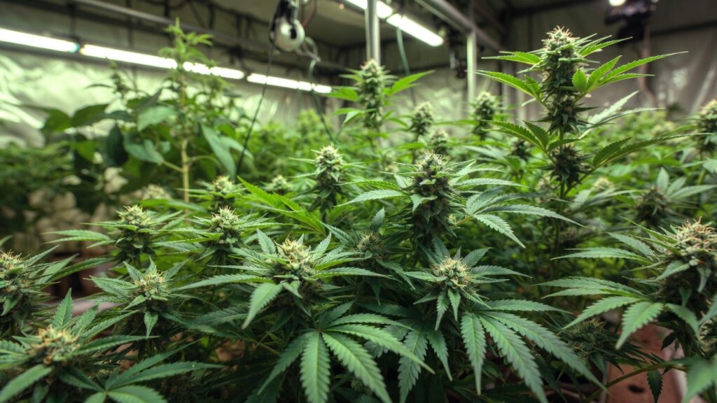 Outdoor cannabis plant in flowering stage with compact buds growing in natural sunlight.
