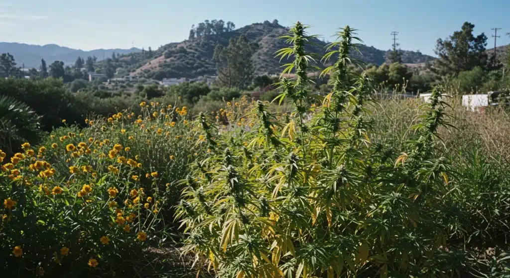 Outdoor cannabis plant growing in a natural landscape with hills and surrounding vegetation.