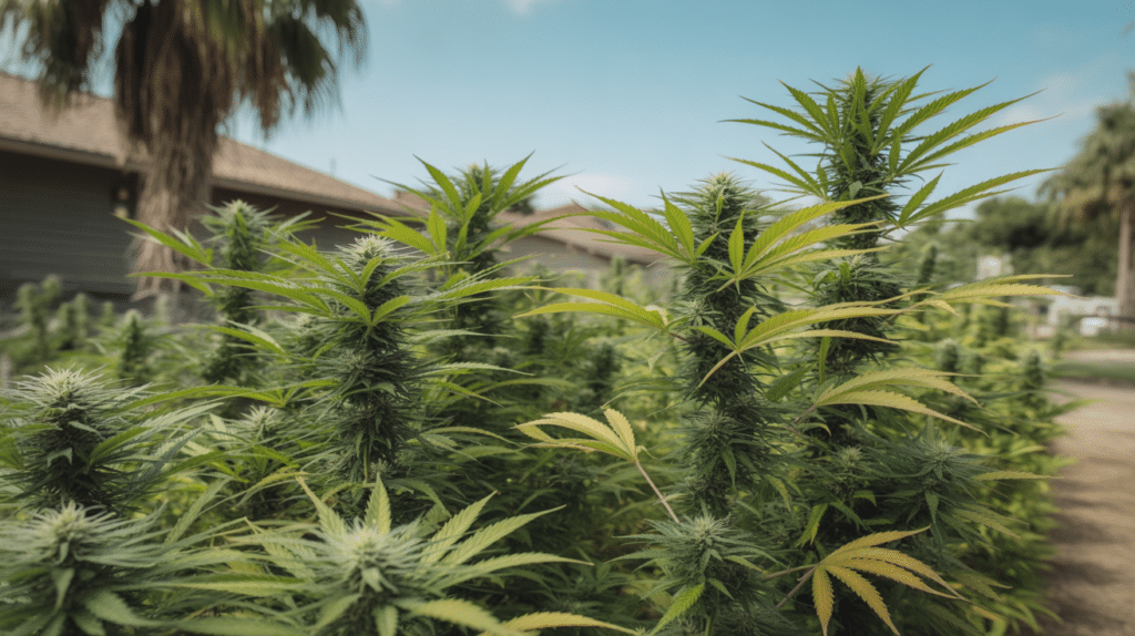 Outdoor cannabis plants backyard grow with multiple flowering colas and varied leaf coloration