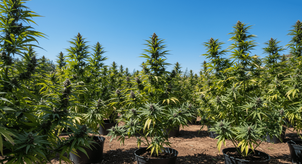 Outdoor cannabis plants flowering row with tall colas and healthy green leaves under sunlight