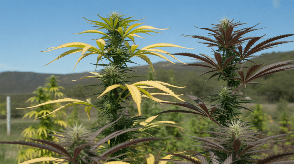 Outdoor cannabis plants mixed leaf colors with developing buds under natural sunlight