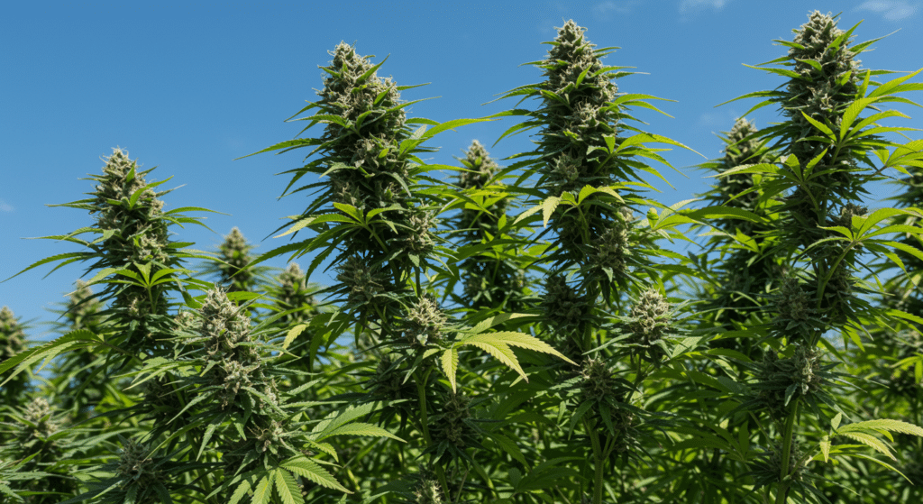 Outdoor cannabis plants mountain landscape with tall colas and natural sunlight exposure