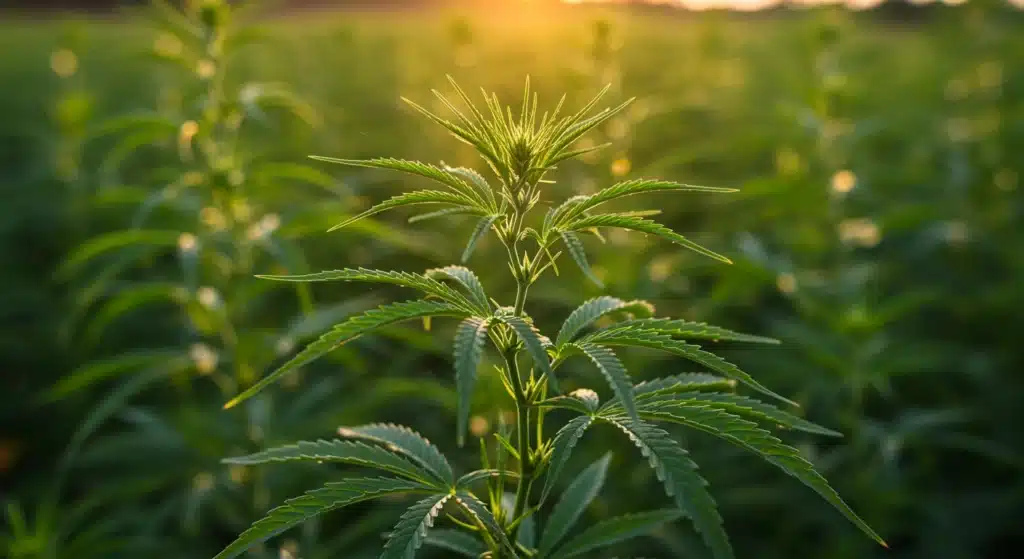 Outdoor cannabis plant in vegetative stage growing in a field at sunset.