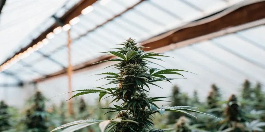 Plante de cannabis en floraison dans une serre naturelle avec un bourgeon central bien développé.