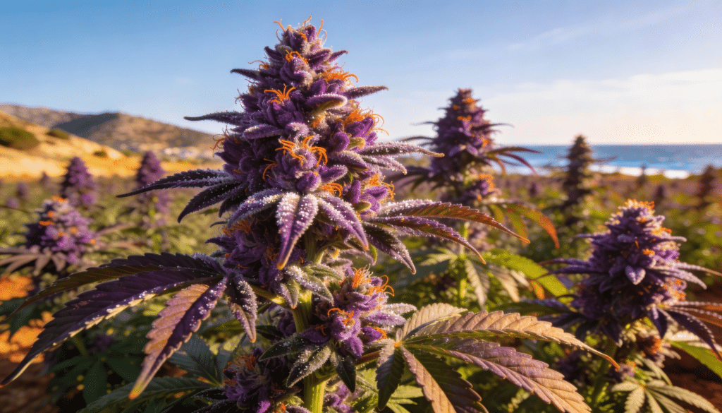 Purple cannabis bud outdoor coastal grow with dense trichomes and vibrant orange pistils