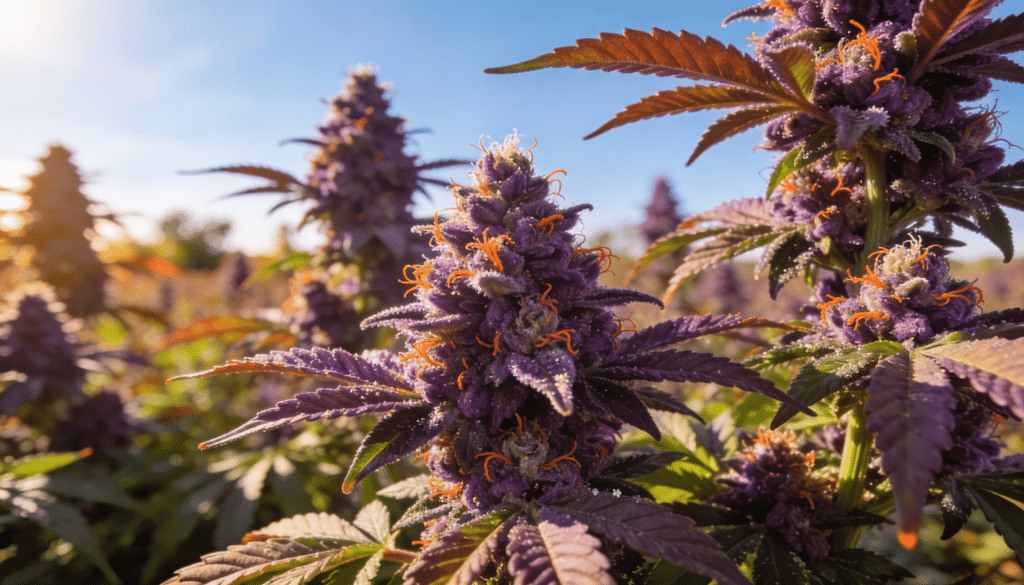 Purple cannabis colas outdoor sunset with frosty buds and orange pistils