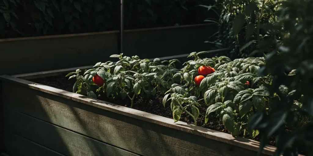 Raised garden bed with ripe tomatoes growing among lush green foliage.