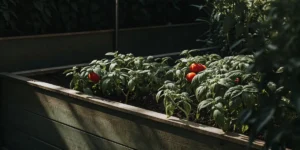 Raised garden bed with ripe tomatoes growing among lush green foliage.
