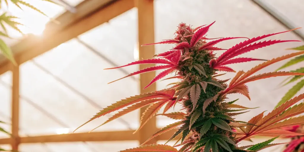 red and green cannabis plant in greenhouse light