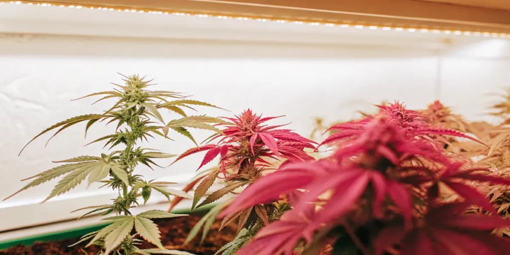 Red-cannabis-leaves-indoor-grow with vivid red and green plants thriving under bright indoor lighting.