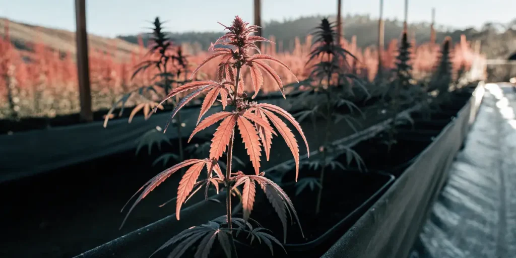 Jeune plante de cannabis rouge poussant dans un sac de culture en extérieur, sous une lumière naturelle.