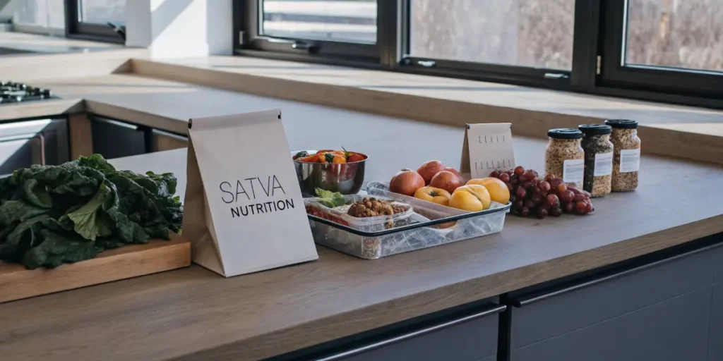SATVA Nutrition meal prep setup with fruits, vegetables, grains, and packaged items on a kitchen counter.