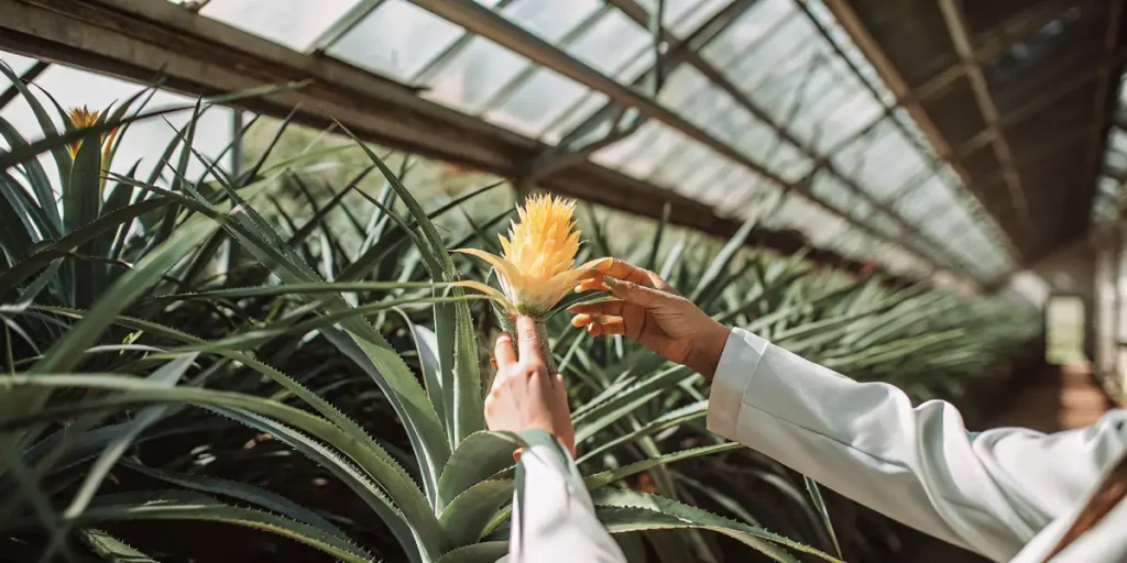 Scientist examining a yellow tropical flower growing in a greenhouse.
