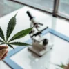 scientist holding cannabis leaf in laboratory with microscope