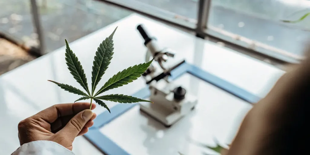 scientist holding cannabis leaf in laboratory with microscope