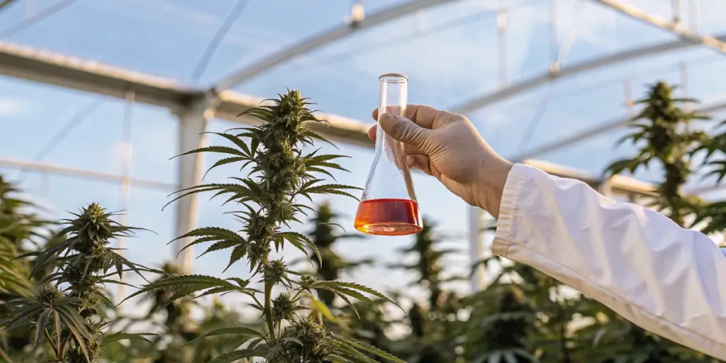 Scientist holding a red solution in a flask while examining cannabis plants inside a greenhouse.