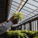 Scientist holding and inspecting a large green flower inside a greenhouse.