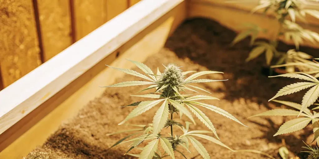 Small cannabis plant growing in a warm indoor soil bed with soft yellow lighting.