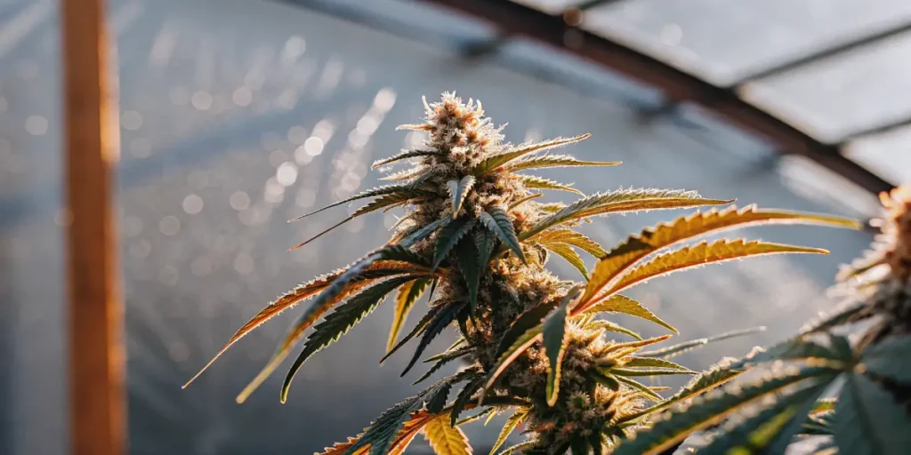 Close-up of a resinous cannabis bud inside a sunlit greenhouse, showcasing frosty trichomes and vibrant leaves.