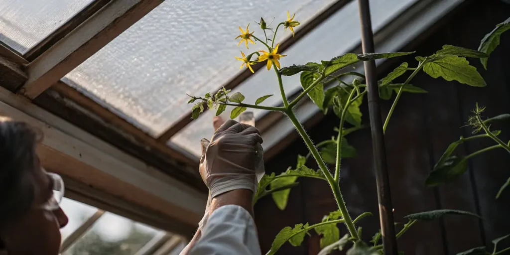 Scientifique examinant une plante de tomate en fleurs dans une serre éclairée.