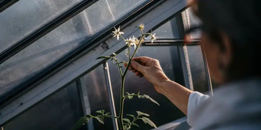 Main inspectant une plante de tomate en fleurs sous la lumière d’une serre moderne.