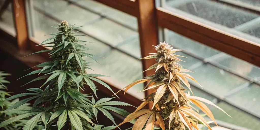Two cannabis plants side by side in a greenhouse, one with green leaves and one with yellow leaves.
