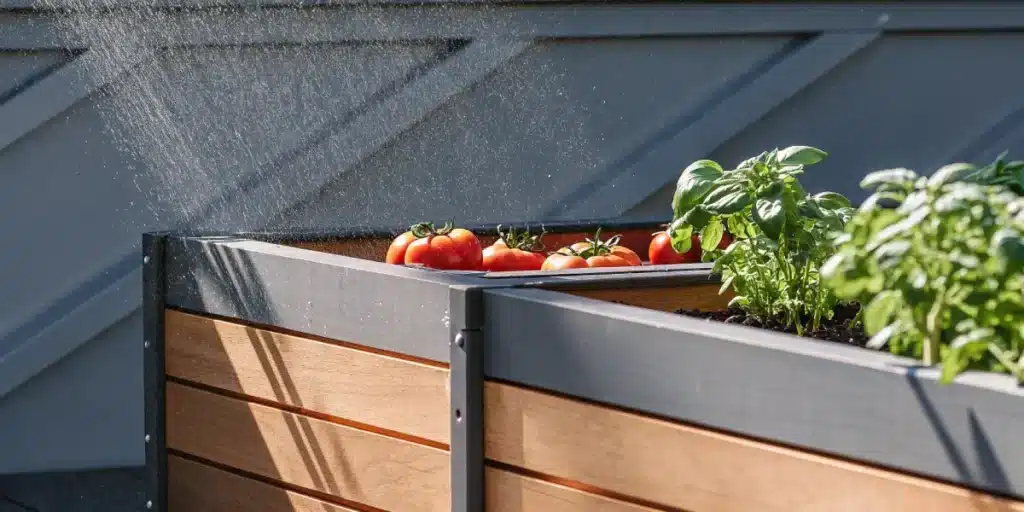 Water spraying over a raised garden bed with tomatoes and fresh basil plants.