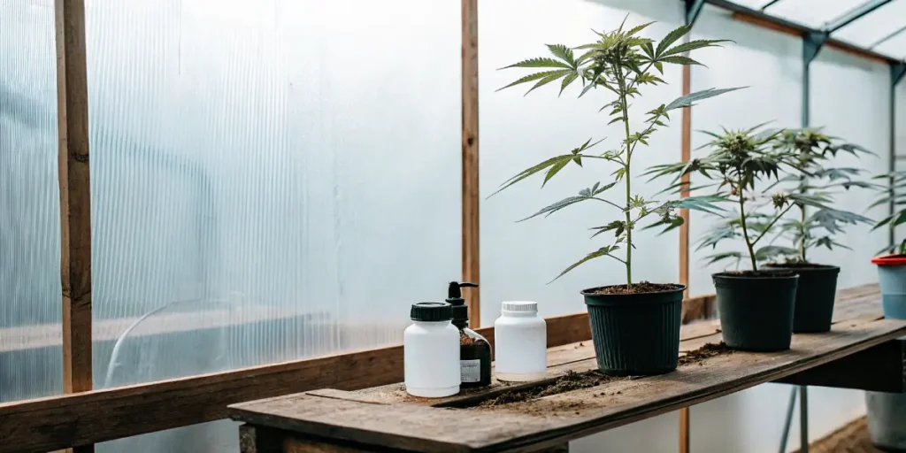 Young cannabis plants indoor grow bench with pots and nutrient bottles near translucent greenhouse wall.