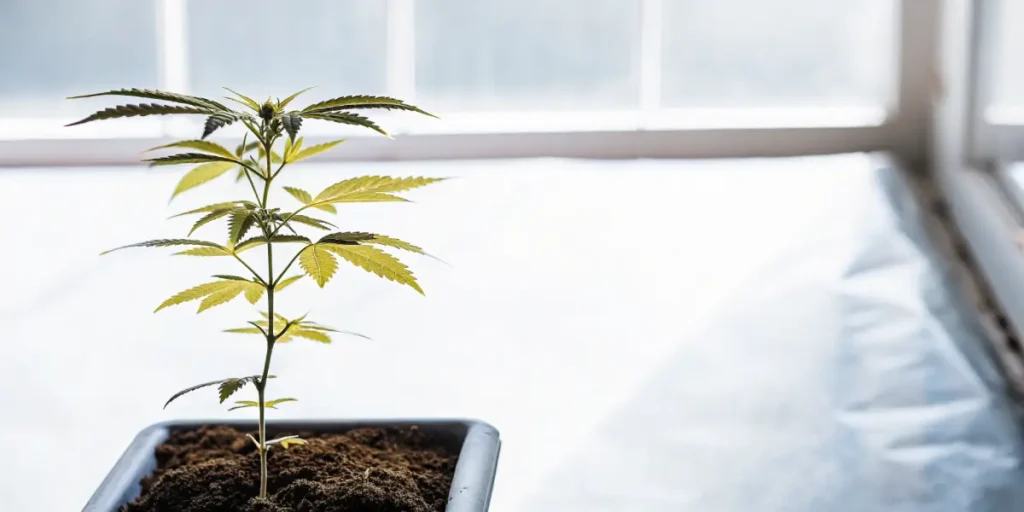Young-cannabis-seedling-bright-room standing in a small pot with yellow-green leaves under soft natural light.