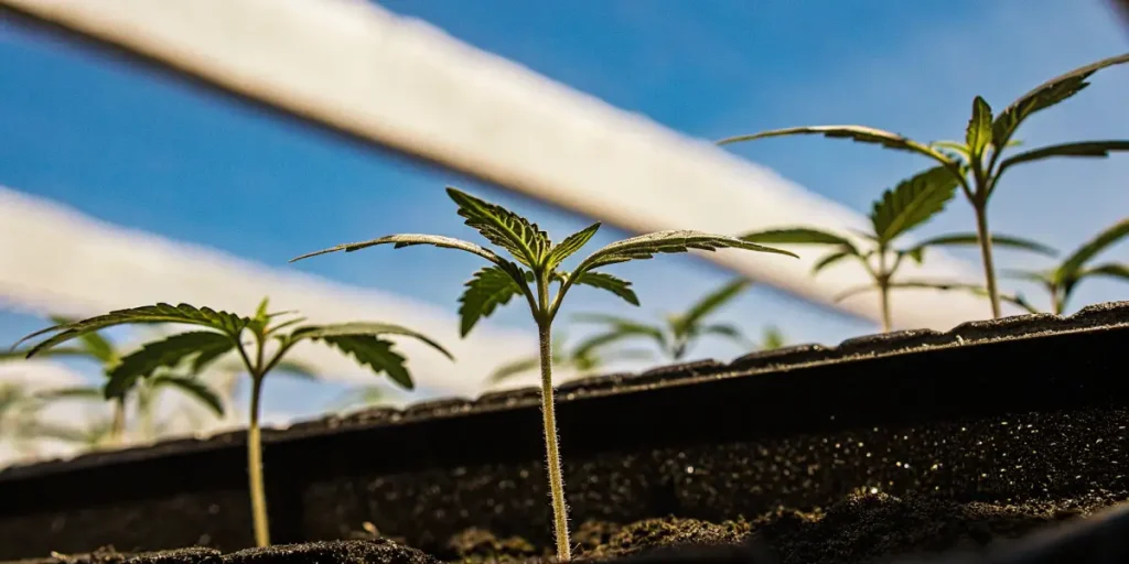 young cannabis seedlings under natural light