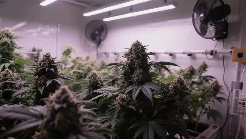 Black Jack plants cultivated indoors with LED grow lights, developing thick colas and high trichome density.