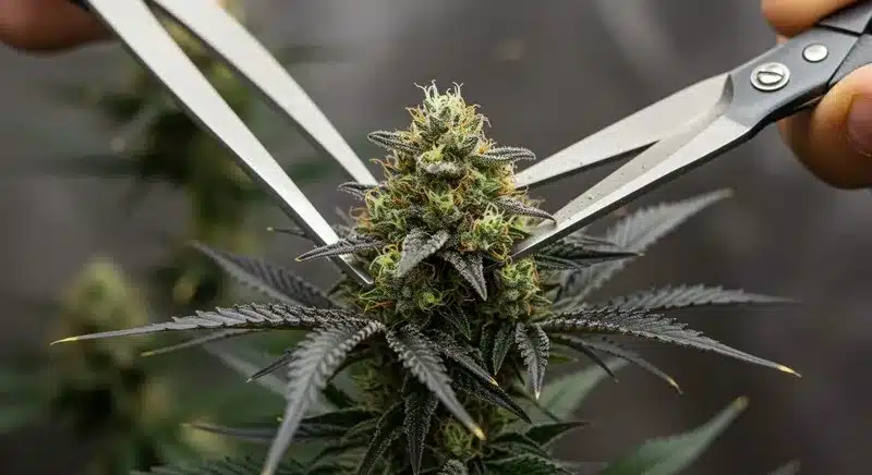 Grower trimming a mature Black Jack bud, highlighting its sticky trichomes, orange pistils, and compact flower structure for premium-quality harvests.