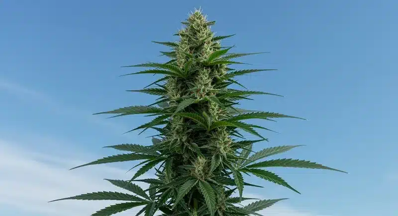 Black Water Purple OG Cheese thriving outdoors with a tall central cola and heavy resin production, ideal for warm climates and high yields.