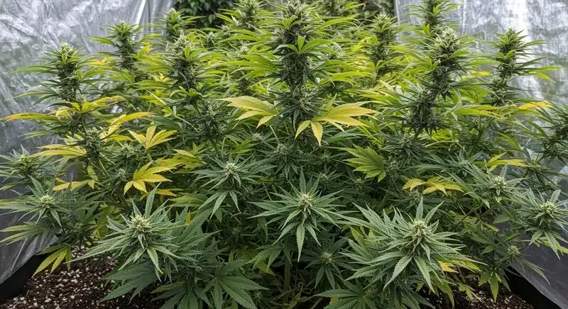 Black Widow strain growing outdoors under the sun, showcasing vivid buds and resinous flowers, thriving in a Mediterranean coastal climate.