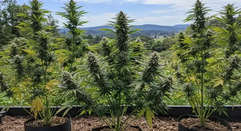 Blackberry Pie cannabis plants thriving outdoors in pots, producing compact flowers with heavy resin and a sweet berry-like aroma under natural light.