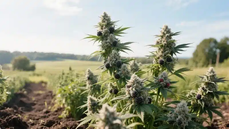 Blood Diamond OG plants thriving outdoors, showcasing thick purple buds and rich resin production under natural sunlight for premium quality harvests.