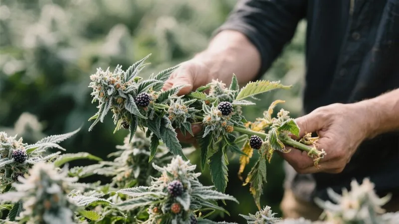 Grower harvesting Blue Colombian Kush branches covered in trichomes and berry-colored buds, highlighting its tropical aroma and powerful effects.