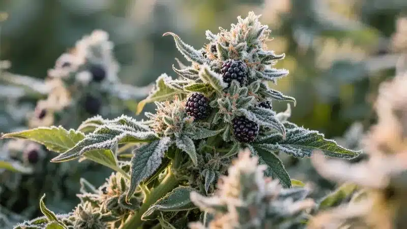 Blue OG cannabis buds covered in crystal trichomes, showcasing their purple hues and fruity aroma with relaxing, balanced effects.