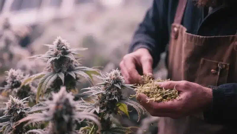 A grower carefully handles mature Blueberry x Big Devil Auto buds during harvest, showcasing their frosty trichomes and intense fruity aroma.