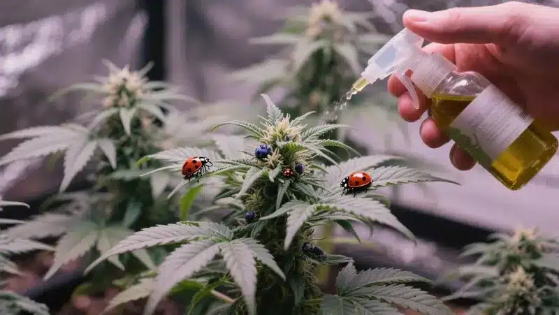 Blueberry x Mazar Auto plant under natural pest control using ladybugs and organic spray to ensure clean, pesticide-free autoflower cultivation.