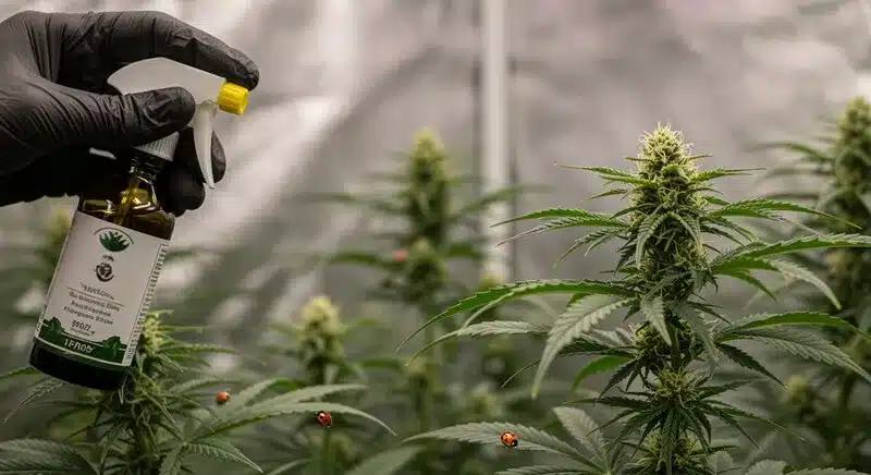 Blunicorn #5 plants treated with organic pest control under indoor lights, maintaining lush leaves and resinous buds.