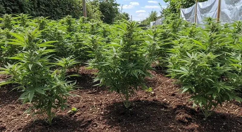 Bruce Banner 2.0 plants thriving outdoors in nutrient-rich soil, showing growth, strong stems, and green leaves under natural sunlight.
