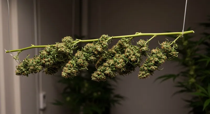 Freshly harvested Bruce Banner x Chocolope buds drying on a stem, revealing dense flowers packed with trichomes and chocolate-citrus aroma.