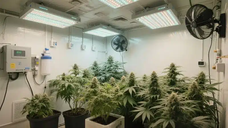 Bruce Banner x Chocolope plants growing under full-spectrum LED lights in a controlled indoor environment, showcasing healthy, resin-coated buds.