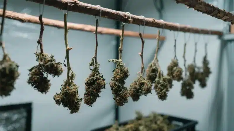 Bruce Banner x Grape buds drying on stems in a ventilated room, preserving the grape-sweet terpenes and high THC content for maximum flavor.